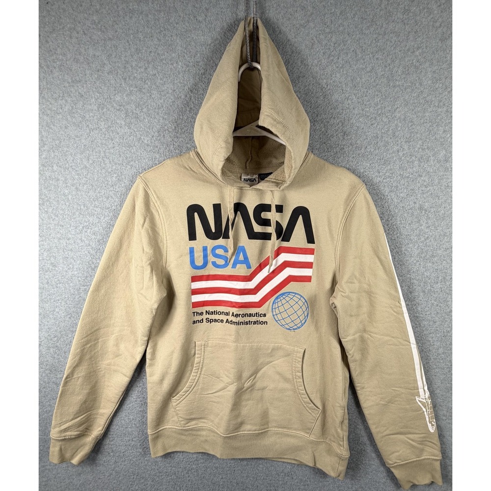 NASA Hoodie Mens Small Beige Pullover Sweatshirt USA Graphic Logo Space